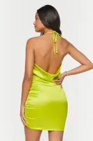 Women's Satin Ruched Halter Mini Dress in Acid Green Medium