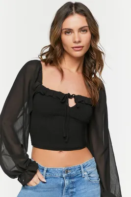 Women's Smocked Ruffle-Trim Crop Top in Black Medium