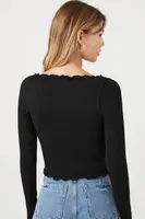 Women's Lettuce-Edge Long-Sleeve Top in Black, M/L