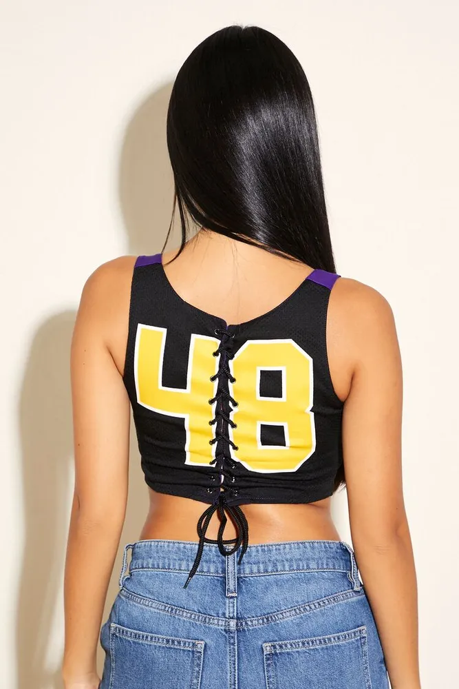 Women's Reworked Los Angeles Lakers Crop Top in Black/Purple Medium
