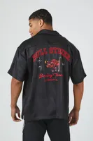 Men Embroidered Bull Graphic Satin Shirt in Black Medium