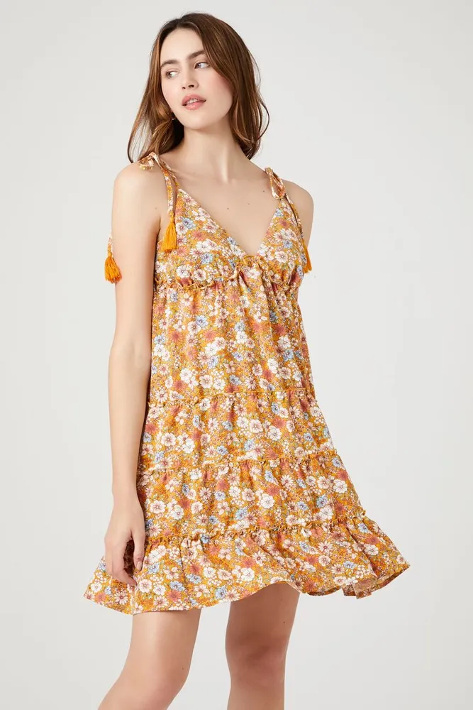 Women's Floral Print Tassel Mini Dress in Yellow Small