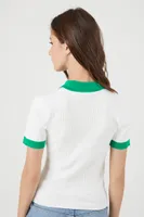 Women's Sweater-Knit Polo Shirt in White/Green Small