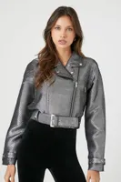 Women's Faux Leather Metallic Moto Jacket in Silver/Black Large