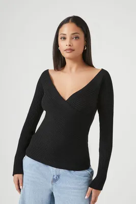 Women's Ribbed Surplice Sweater in Black Large