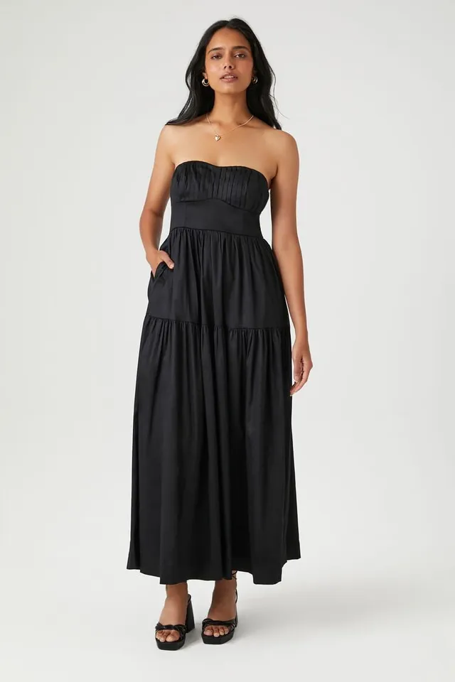 Forever 21 Women's Poplin Pintucked Strapless Midi Dress in Black