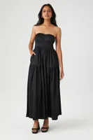 Women's Poplin Pintucked Strapless Midi Dress in Black Medium