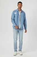 Men Embroidered Winter Sports Denim Shirt in Medium Denim, XXL