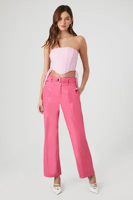 Women's Faux Leather Belted Trouser Pants Hot Pink