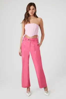 Women's Faux Leather Belted Trouser Pants in Hot Pink Medium