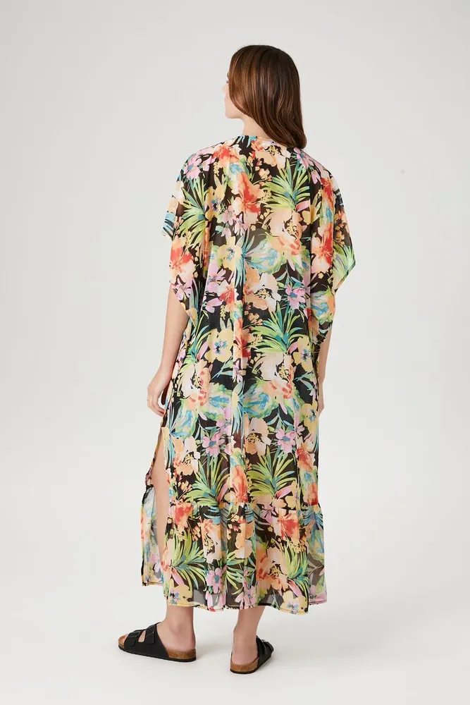 Women's Tropical Floral Print Kimono in Black Medium