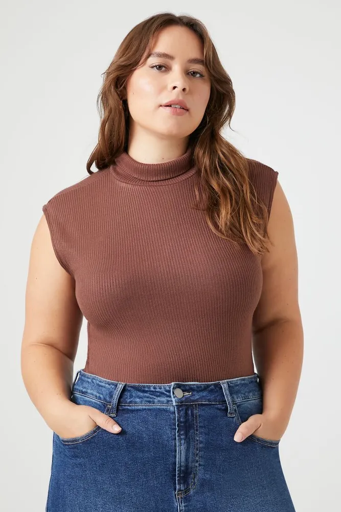 Women's Ribbed Turtleneck Bodysuit in Brown, 3X