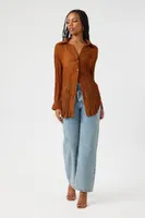 Women's Sheer Crinkled Oversized High-Low Shirt in Brown Small