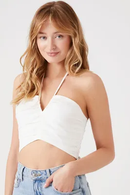 Women's Poplin Halter Crop Top White