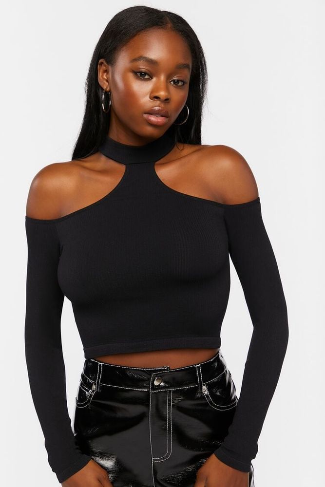 Women's Ribbed Open-Shoulder Crop Top in Black, M/L