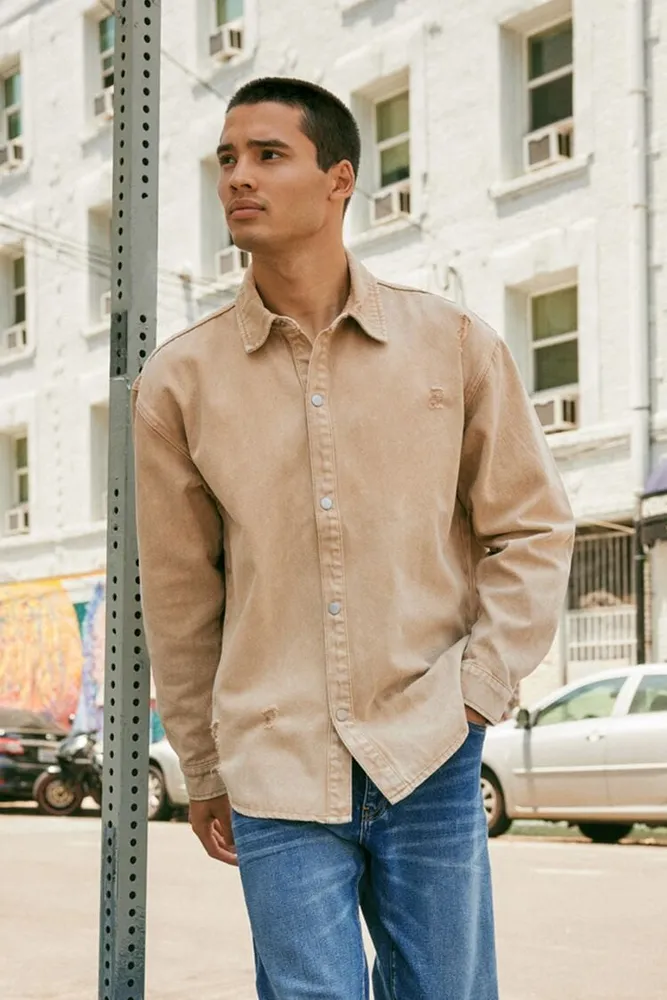 Men Drop-Sleeve Snap-Button Shirt in Taupe, XXL