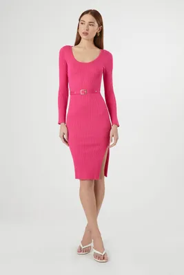 Women's Belted Rib-Knit Bodycon Midi Dress