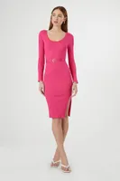 Women's Belted Rib-Knit Bodycon Midi Dress