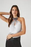 Women's Satin Rosette Halter Bodysuit Silver