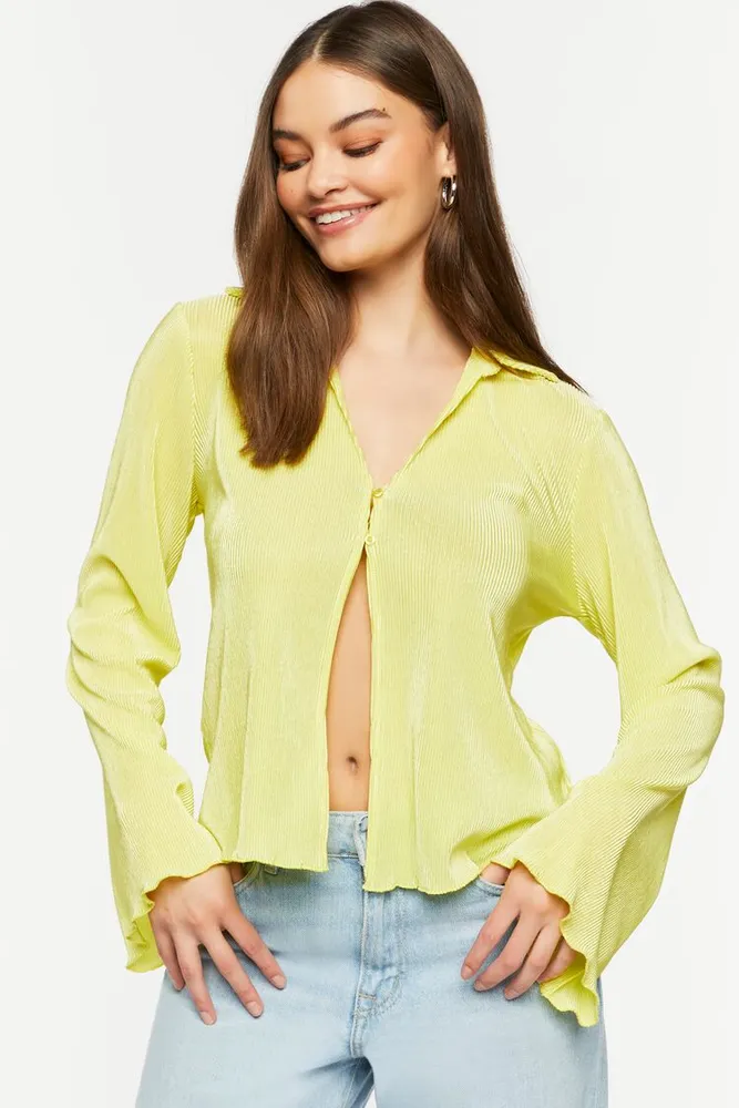 Women's Lettuce-Edge Bell-Sleeve Shirt in Yellow Small