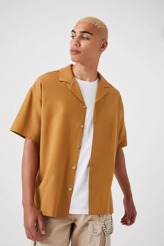 Men Cuban Collar Linen-Blend Shirt in Light Brown Medium