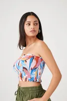 Women's Tropical Print Smocked Tube Top in Blue Small