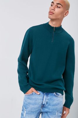 Men Marled Knit Half-Zip Sweater in Green Large