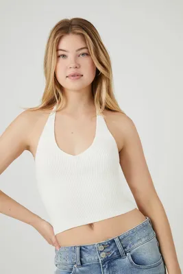 Women's Sweater-Knit Cropped Halter Top in White, XL