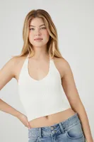 Women's Sweater-Knit Cropped Halter Top in White, XL