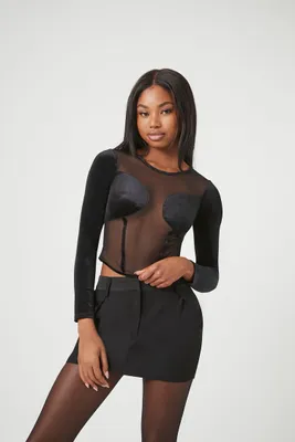 Women's Velvet Long-Sleeve Crop Top Black