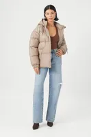 Women's Faux Leather Zip-Up Puffer Jacket in Taupe Small