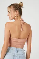 Women's Textured Cutout Halter Crop Top in Taupe Large