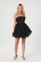 Women's Rhinestone Tulle Mesh Mini Dress in Black Large