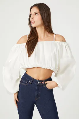 Women's Satin Off-the-Shoulder Crop Top in White Medium