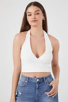 Women's Sweater-Knit Halter Crop Top in White, XS