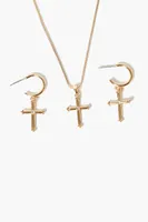 Women's Cross Necklace & Drop Earring Set in Gold