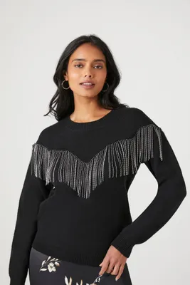 Women's Rhinestone Fringe-Trim Sweater in Black, XS