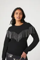 Women's Rhinestone Fringe-Trim Sweater in Black Large