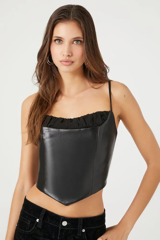 Women's Faux Leather Ruffle-Trim Crop Top in Black Large