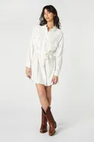 Women's Tie-Waist Mini Shirt Dress in Ivory Small