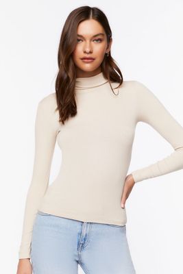 Women's Seamless Ribbed Turtleneck Top in Beige Medium