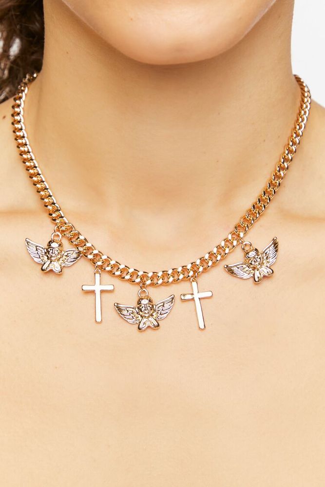 Women's Cross & Angel Curb Chain Necklace in Gold