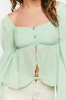 Women's Marie-Sleeve Split-Front Top in Light Green Medium