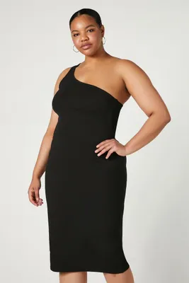 Women's One-Shoulder Bodycon Midi Dress in Black, 0X