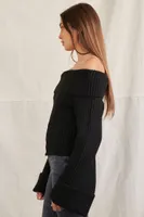 Women's Off-the-Shoulder Bell-Sleeve Sweater in Black, XL