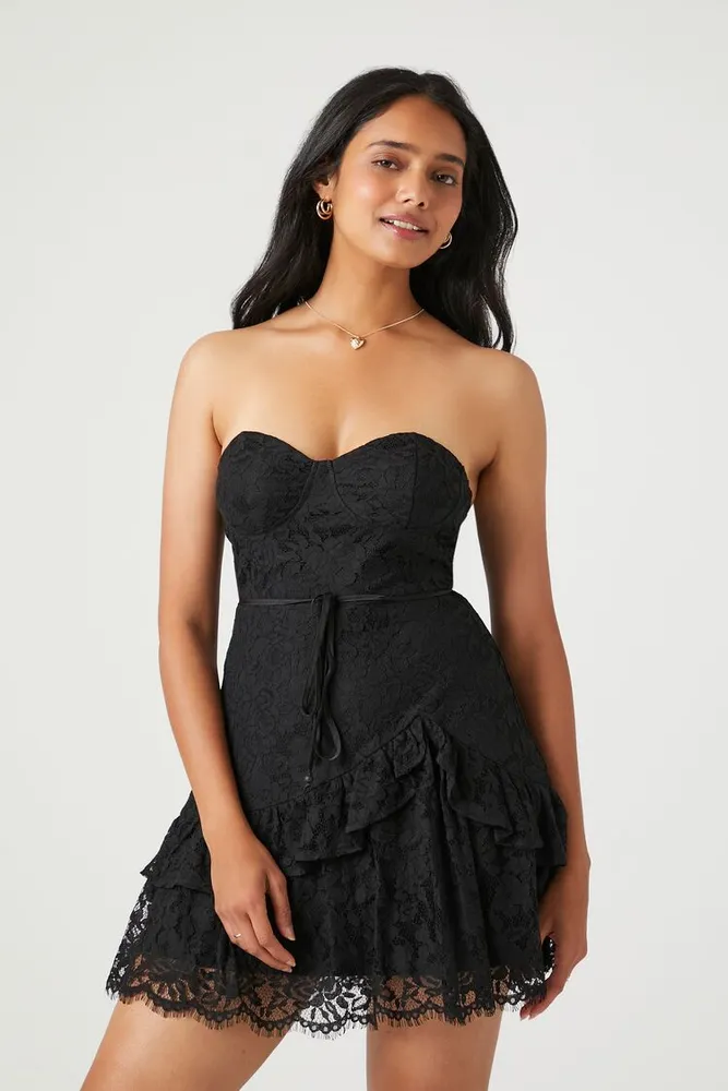 Women's Lace Sweetheart Ruffle-Trim Dress