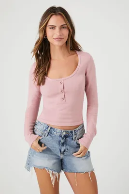 Women's Cropped Sweater-Knit Henley Top