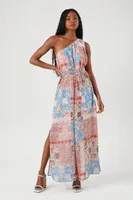 Women's Chiffon Ornate One-Shoulder Maxi Dress in Blue Small