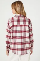 Women's Plaid Flannel Curved-Hem Shirt in Cream Large