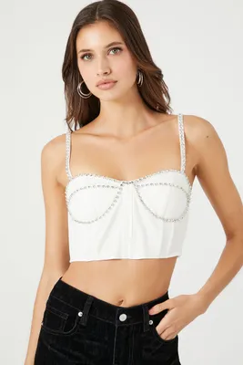 Women's Rhinestone Bustier Cropped Cami in White/Silver Small